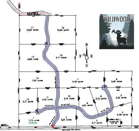 Wildwood Road property development map with street names and parcel status.