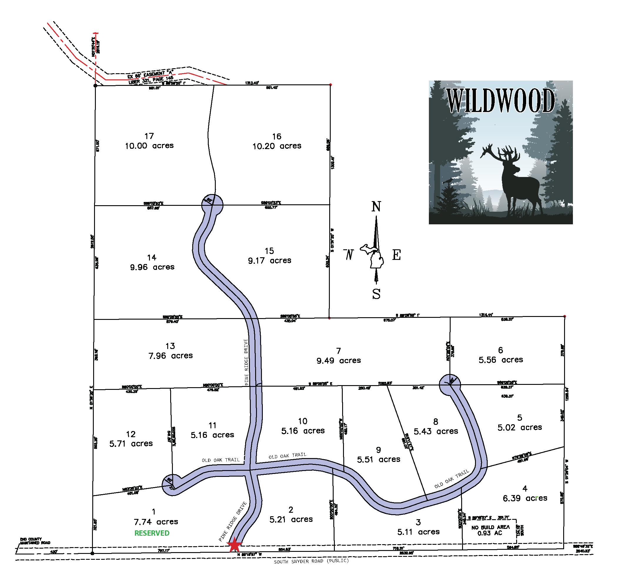 Wildwood Road property development map with street names and parcel status.