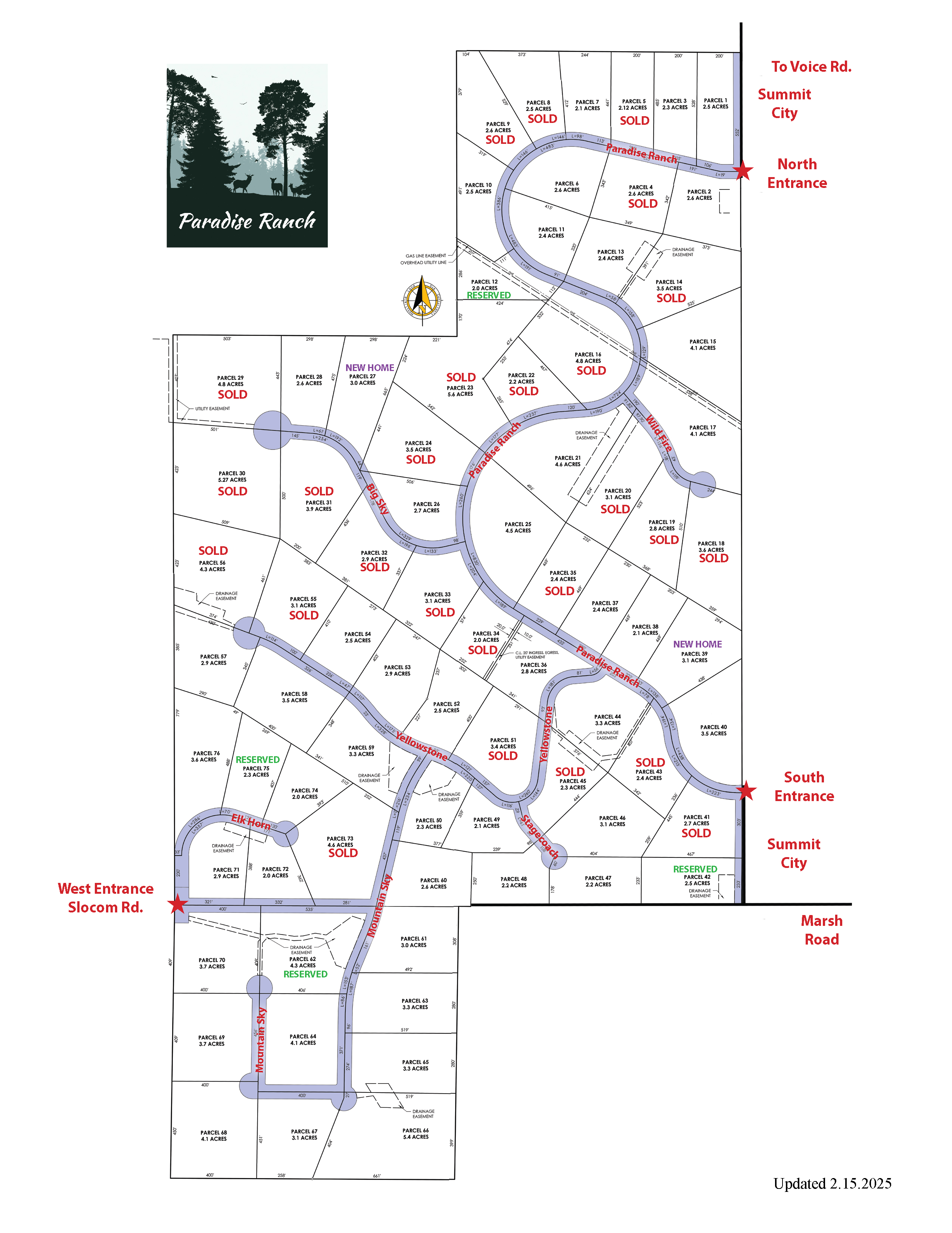 Paradise Ranch property development map with street names and parcel status.